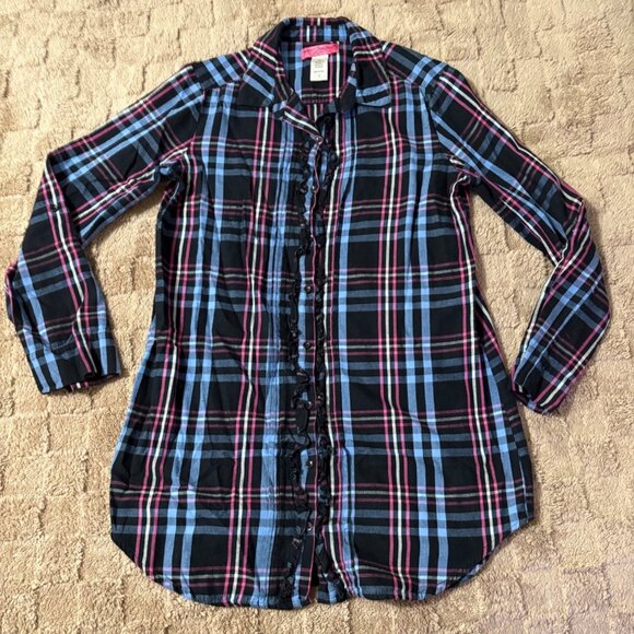 NWOT Betsey Johnson Intimates Ruffle Plaid Button-Down Flannel Sleep Shirt S - Picture 2 of 14